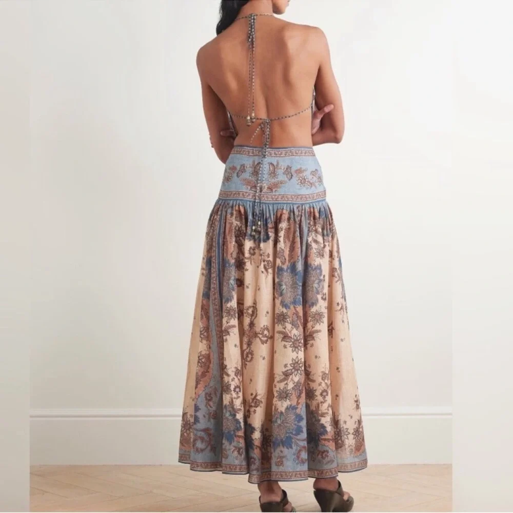 NWOT Zimmermann Beige and Blue Paisley Halter Tie-Waist Maxi Dress - Picture 5 of 12